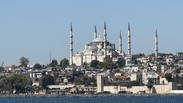 A view across the Bosphorus to the Blue Mosque with its six minarets, high above the densely built city.