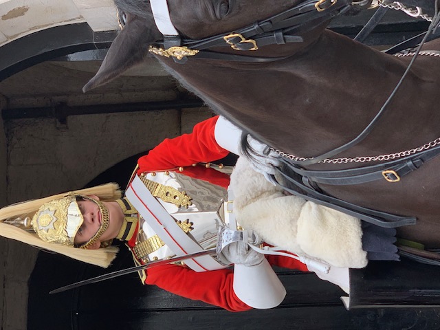 A mounted guard in a red uniform with a polished helmet and white plume, on a dark horse in an archway.