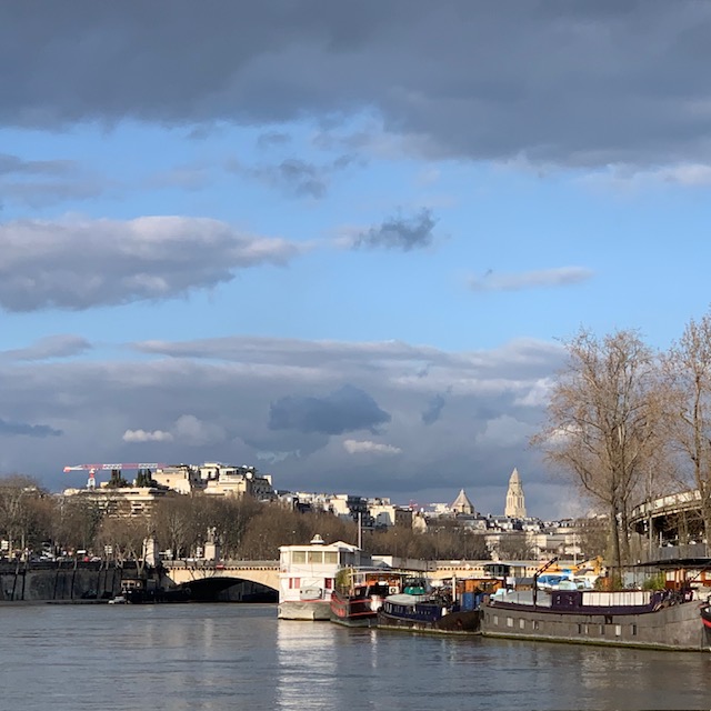 Brightly painted houseboats moored on the river, with a castle on the hill behind them and a cloudy sky.