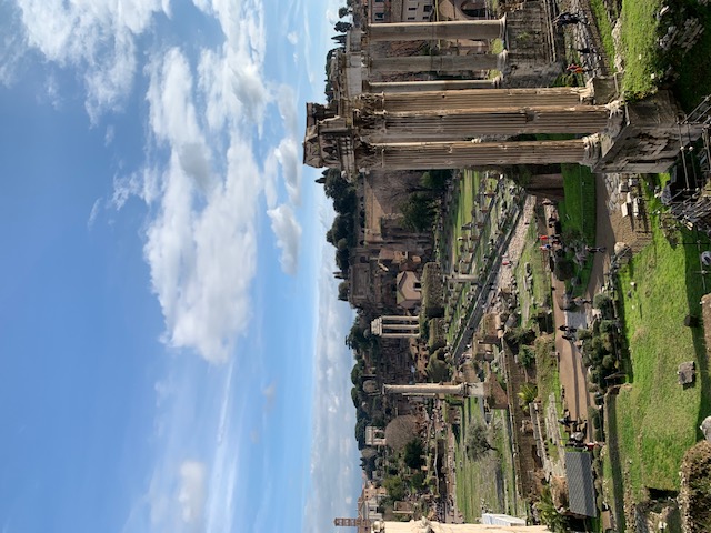 View over the Forum Romanum, with the columns of old temples among the ruins under a cloudy sky.