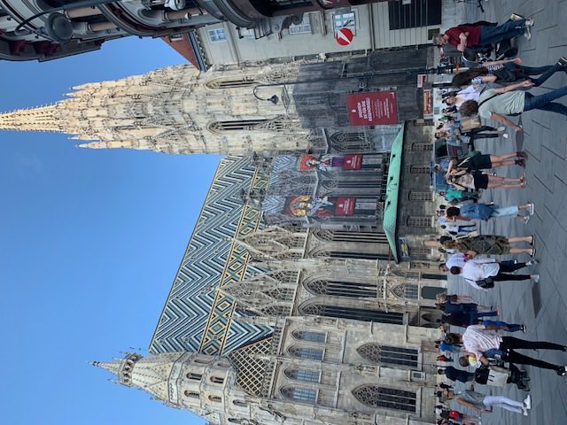 St Stephen's Cathedral with its patterned tiled roof and south tower, people crossing the square in front.